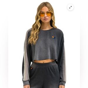 Aviator Nation Charcoal Cropped Hoodie with Stripe Detail